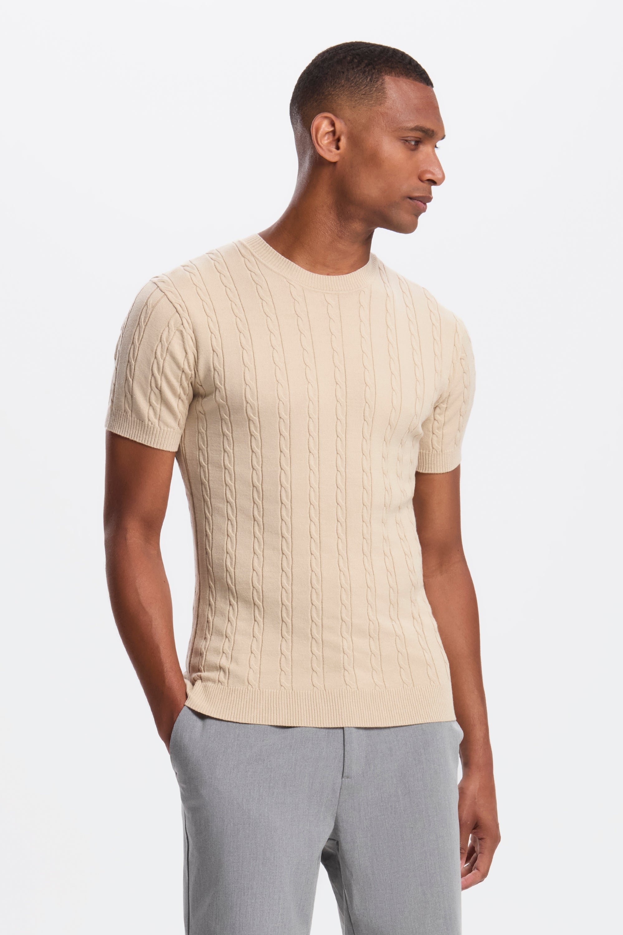 THE CABLE SHORT SLEEVE T-SHIRT - Mid Taupe