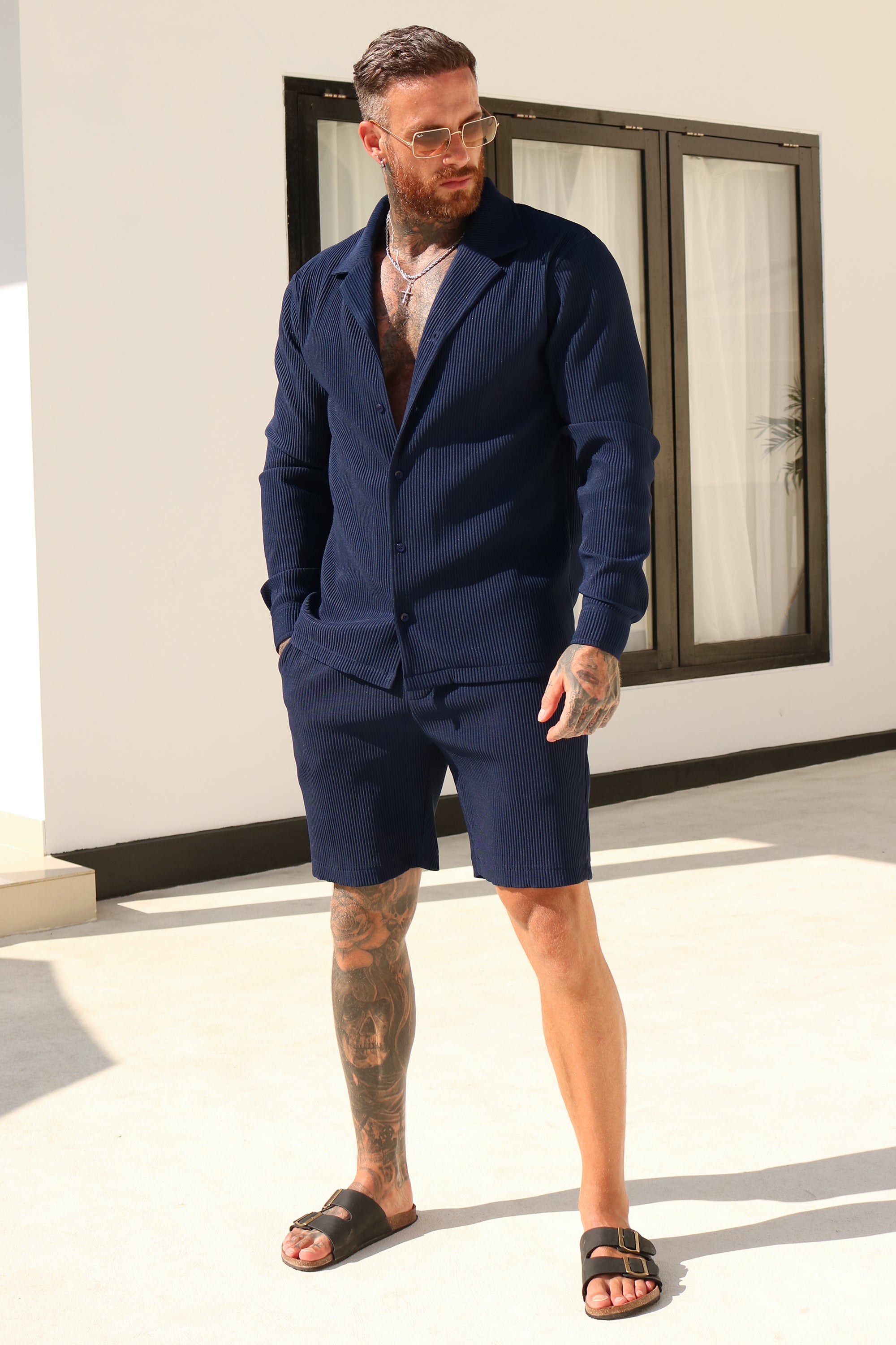 THE ICON. X ROSS CAMPBELL PLEATED SHORTS - NAVY BLUE