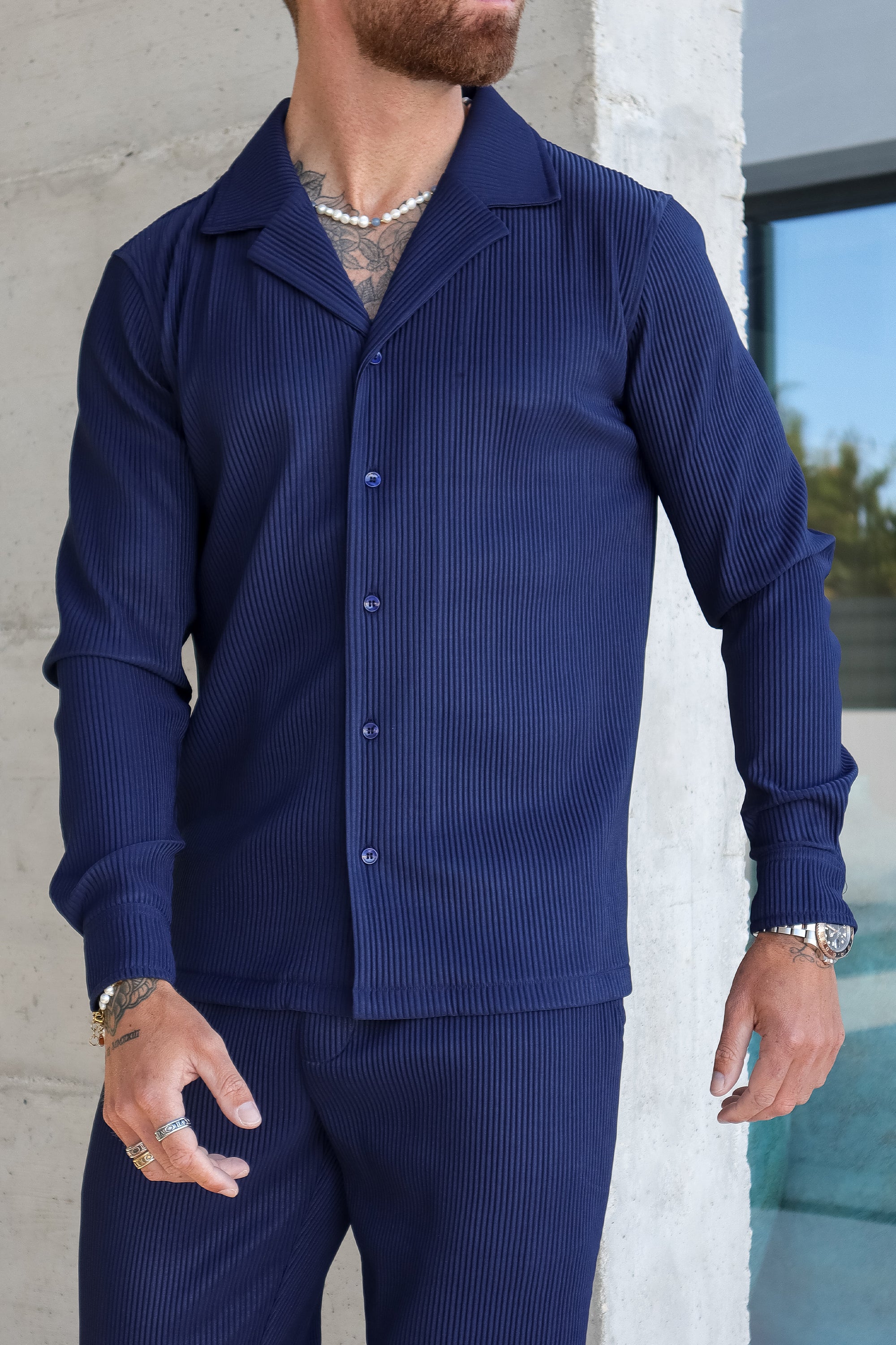 THE ICON.X ROSS CAMPBELL PLEATED SHIRT - NAVY BLUE