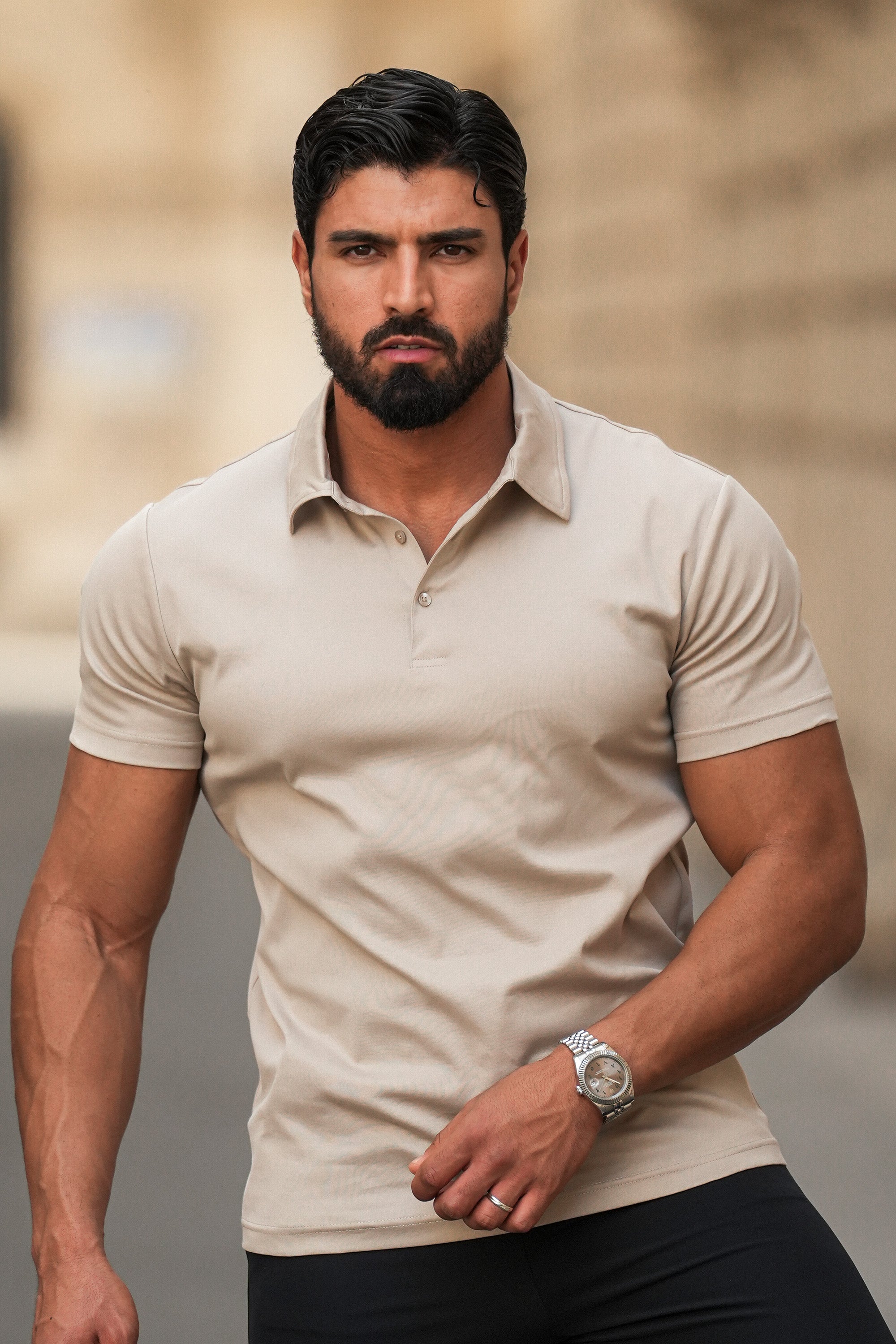 THE MUSCLE BUTTON POLO - PURE STONE