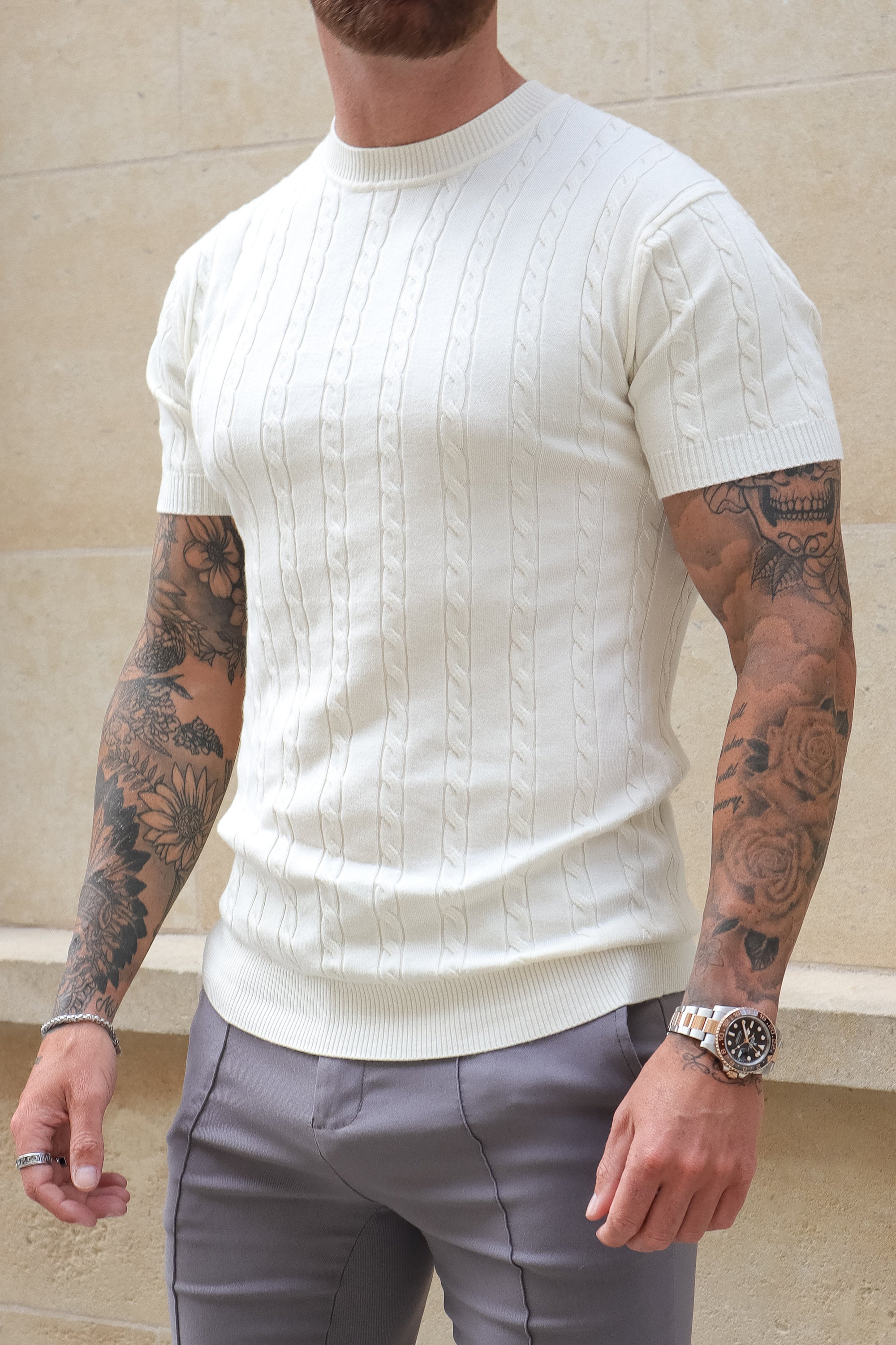 THE CABLE SHORT SLEEVE T-SHIRT - OAT MILK